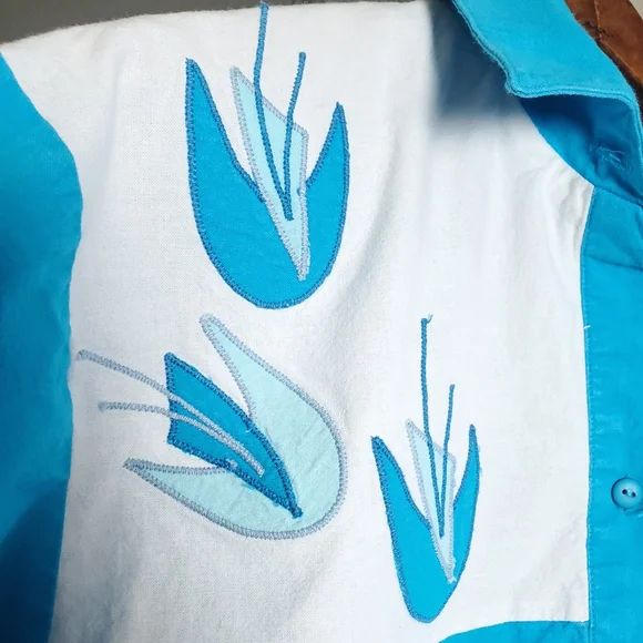 Vintage Blair Camp Shirt Blue White Atomic Applique Floral Medium - Picture 3 of 9
